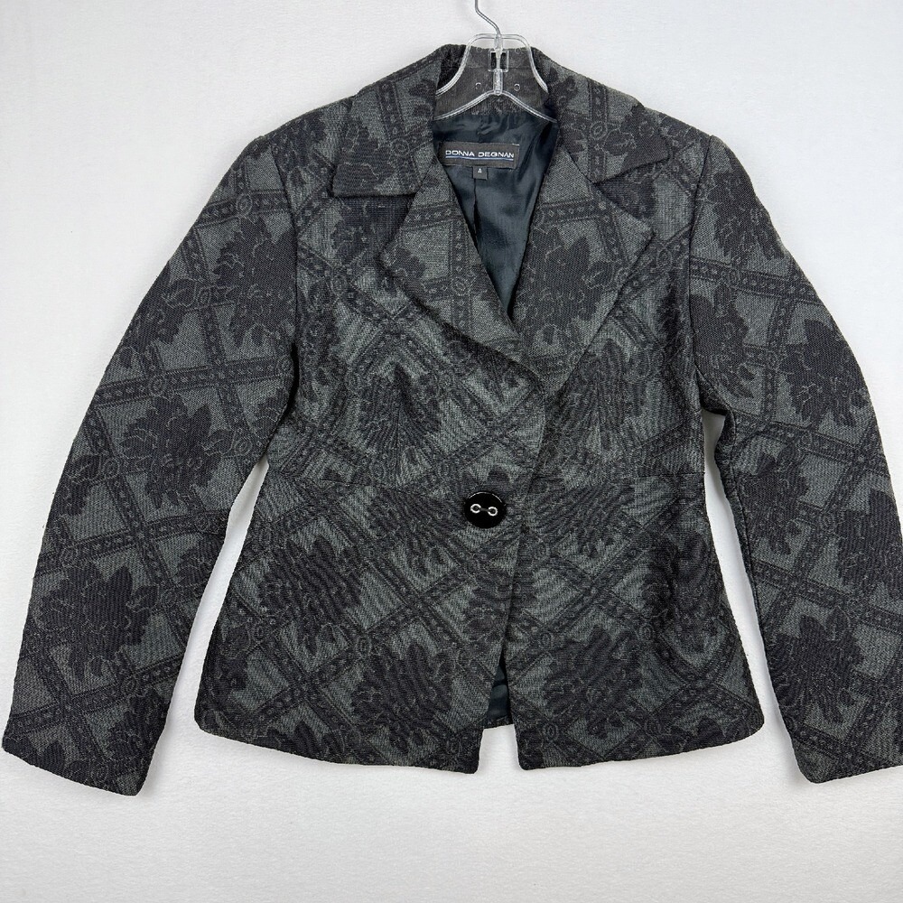 Vintage Donna Degnan Blazer Size 4 Jacket Floral Jacquard Button Front Dark Gray
